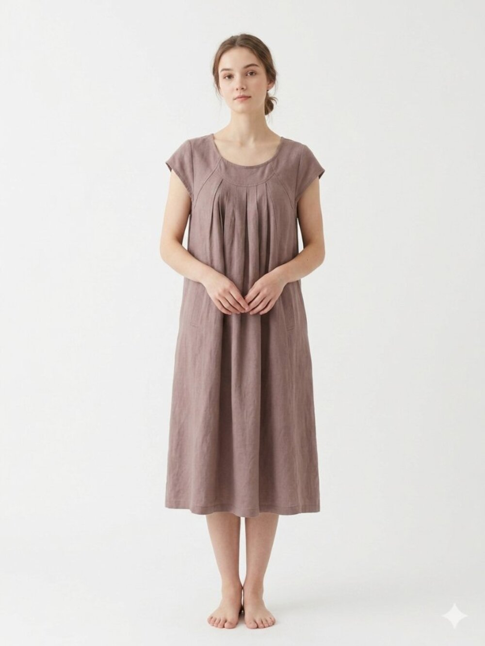 Bella Blue Dress Mauve Minimalist Lagenlook Shift Linen Blend Midi S/M